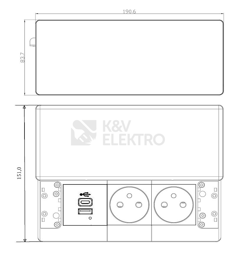 Obrázek produktu Vestavný blok zásuvek s posuvným krytem 2 zásuvky USB A+C 65W PD 2m stříbrný Solight PP128C-PD65 3