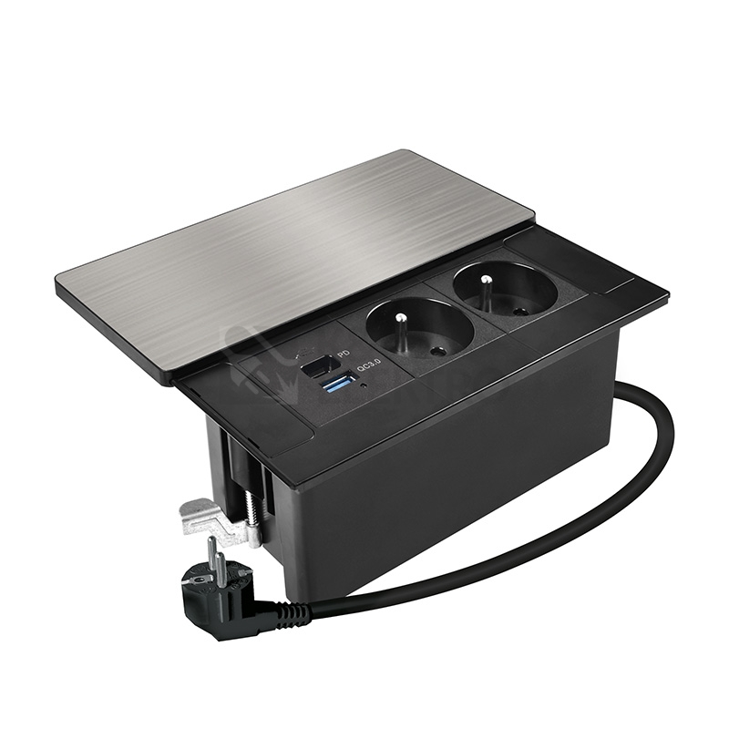 Obrázek produktu Vestavný blok zásuvek s posuvným krytem 2 zásuvky USB A+C 65W PD 2m stříbrný Solight PP128C-PD65 4