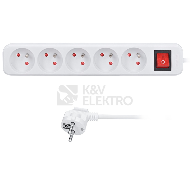 Obrázek produktu Prodlužovací přívod 5m 5 zásuvek vypínač 3x1,5mm2 PVC bílý Solight PP53X 0