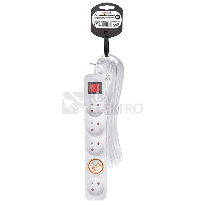 Obrázek produktu Prodlužovací přívod 5m 5 zásuvek vypínač 3x1,5mm2 PVC bílý Solight PP53X 3