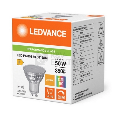 Obrázek produktu LED žárovka GU10 PAR16 LEDVANCE PARATHOM 3,7W (50W) teplá bílá (2700K) stmívatelná, reflektor 36° 1