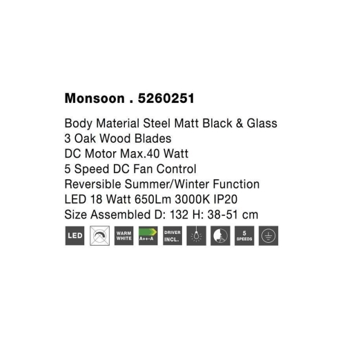 Stropní ventilátor s LED světlem NOVA LUCE MONSOON 18W 3000K 5260251