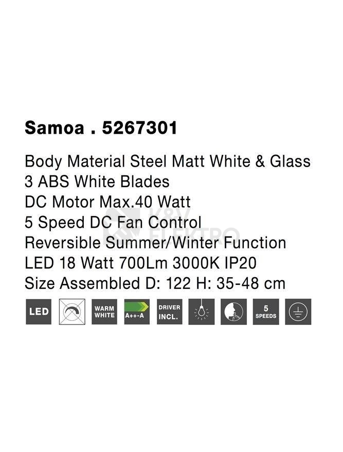 Obrázek produktu Stropní ventilátor s LED světlem NOVA LUCE SAMOA 18W 3000K 5267301 8