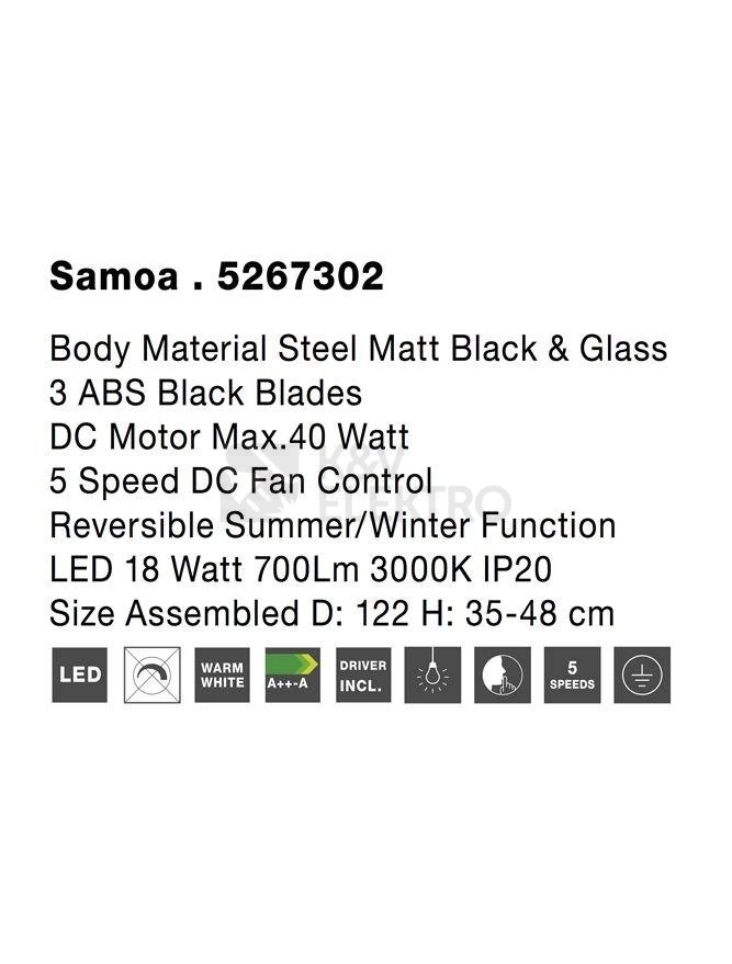 Obrázek produktu Stropní ventilátor s LED světlem NOVA LUCE SAMOA 18W 3000K 5267302 1