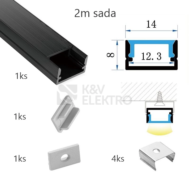 Obrázek produktu Sada černého hliníkového profilu s mléčným difuzorem KM35-C-MK-P 2m 0