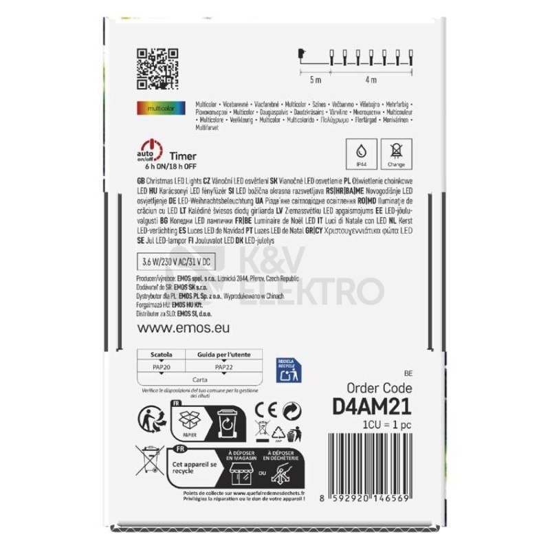 Obrázek produktu Vánoční osvětlení EMOS D4AM21 40LED řetěz 4m multicolor programy s časovačem 1