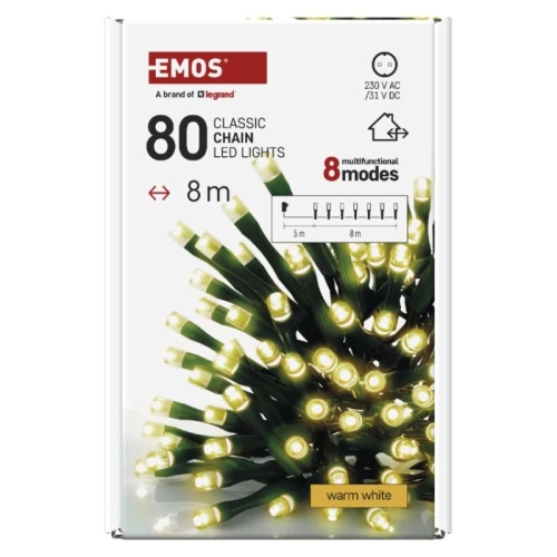 Vánoční osvětlení EMOS D4AW22 80LED řetěz 8m teplá bílá programy s časovačem