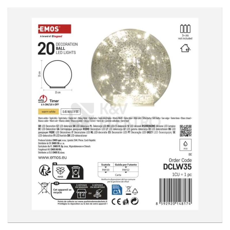 Obrázek produktu LED vánoční skleněná koule 15cm EMOS DCLW35 vnitrní použití teplá bílá 3xAA časovač 8