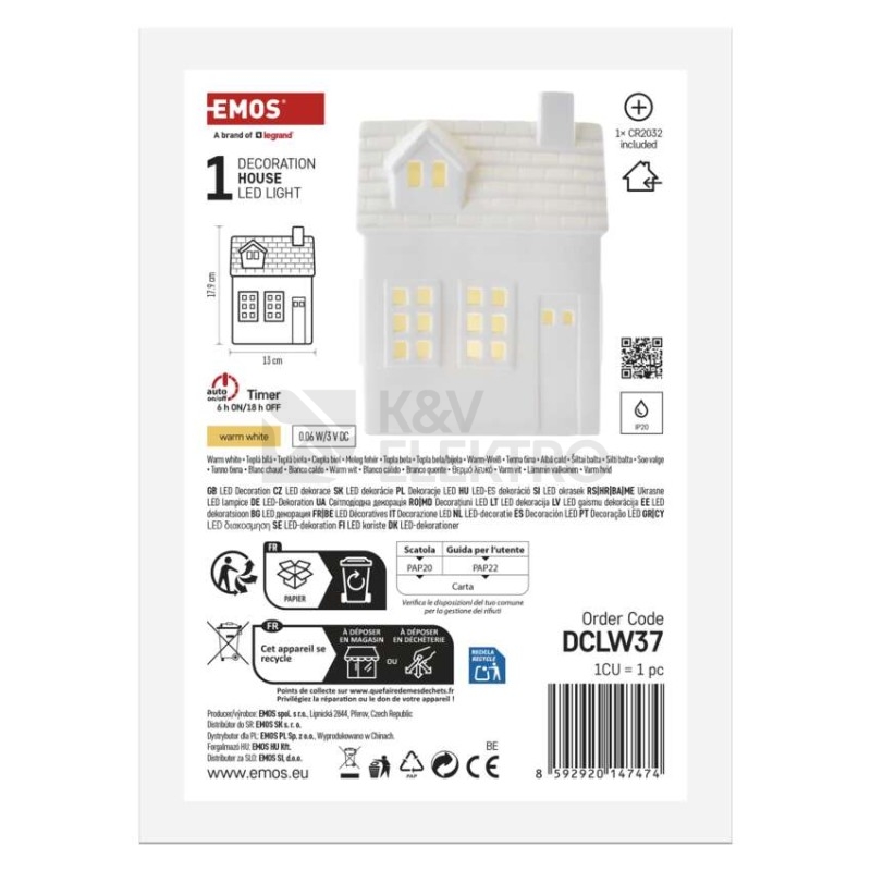 Obrázek produktu LED keramický domeček 18cm EMOS DCLW37 vnitřní použití teplá bílá 1xCR2032 časovač 8