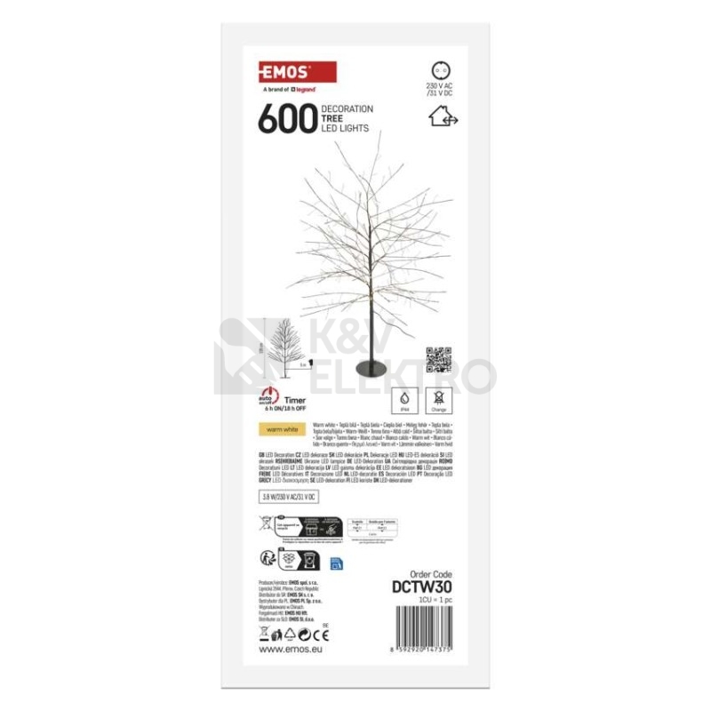 Obrázek produktu LED vánoční stromek 120cm EMOS DCTW30 230V venkovní IP44 i vnitřní použití teplá bílá s časovačem 5