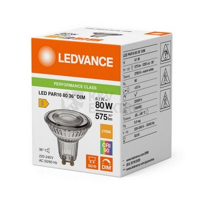 Obrázek produktu LED žárovka GU10 PAR16 LEDVANCE PARATHOM 6,1W (80W) teplá bílá (2700K) stmívatelná, reflektor 36° 1
