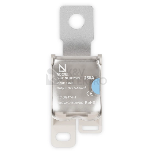 Obrázek produktu Svorka rozbočovací připojovací vstup M8 / výstup 9x10mm2 Al/Cu 250A NORDEL NLBC 2509 2
