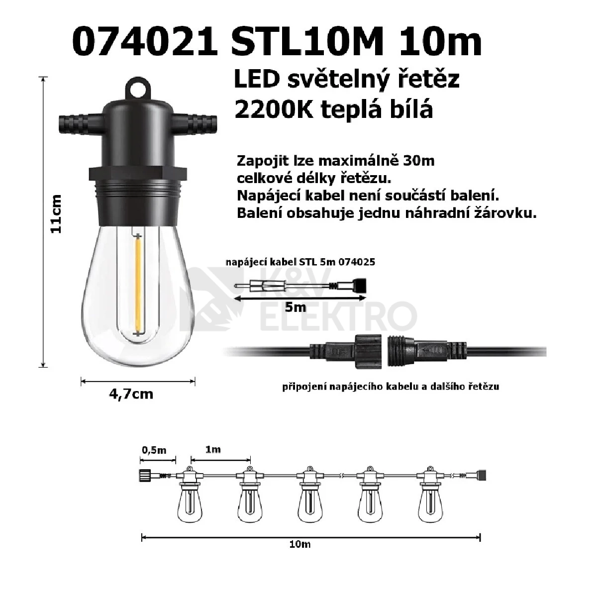 Obrázek produktu LED světelný řetěz T-LED STL10M 10m 10x E27 1W LED 2200K 1x náhradní žárovka 074021 6